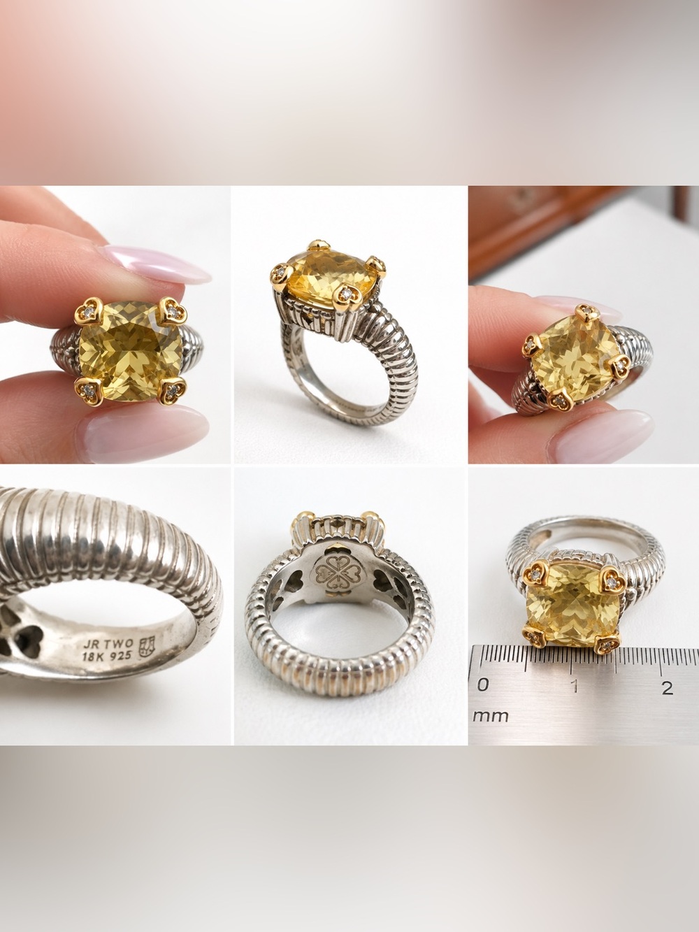 Judith Ripka JR TWO 18K Gold 925 Sterling Silver Canary Crystal Statement Ring
